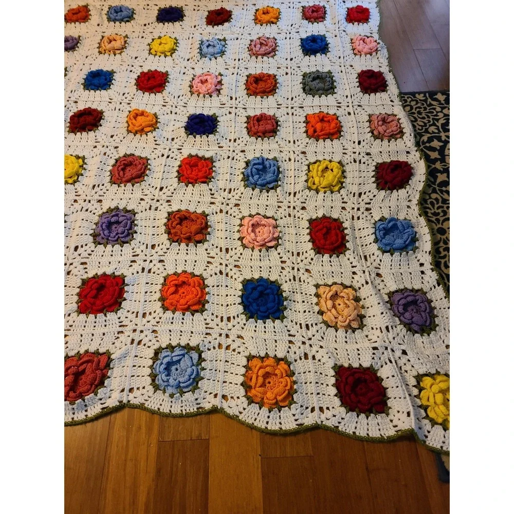 Handmade Vintage Crochet Afghan Colorful 3D Rose Motifs on a White Background